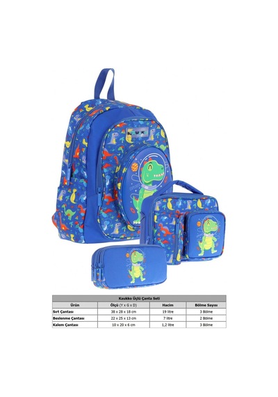 Kaukko Kids Kız Çocuklara Özel Mavi Yeşil - 3d Dinazor Detaylı Üçlü Okul Çantası Seti Mavi - Yeşil