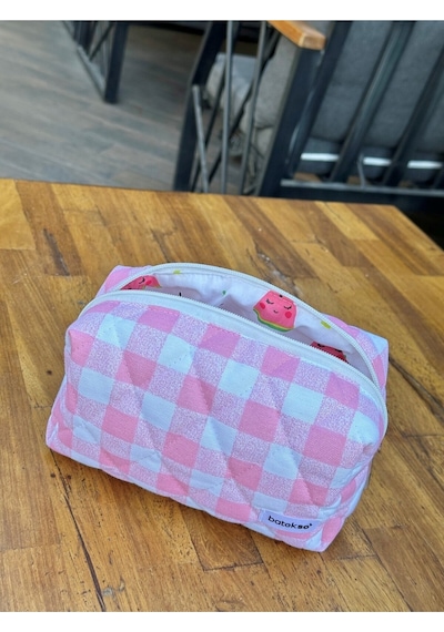 Batekso Pembe Pötikare Desenli Makyaj Çantası  Büyük Boy