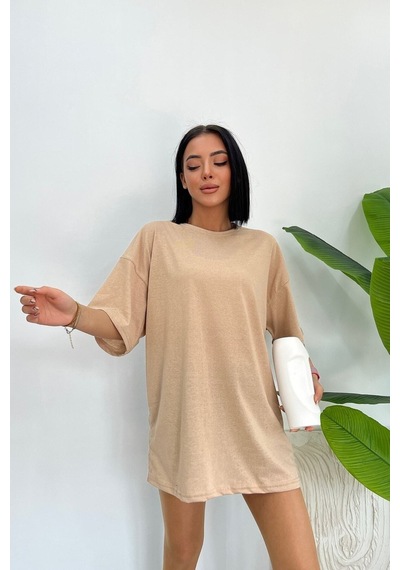 Startmore Unisex Pamuk Bisiklet Yaka Oversize T-shirt Bej