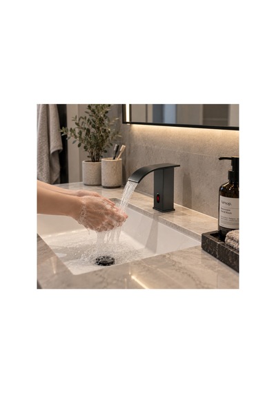 Rena Design Fotoselli Sensörlü Siyah Kare Lavabo Bataryasi Temassiz Otomatik Tasarruflu Modern Musluk