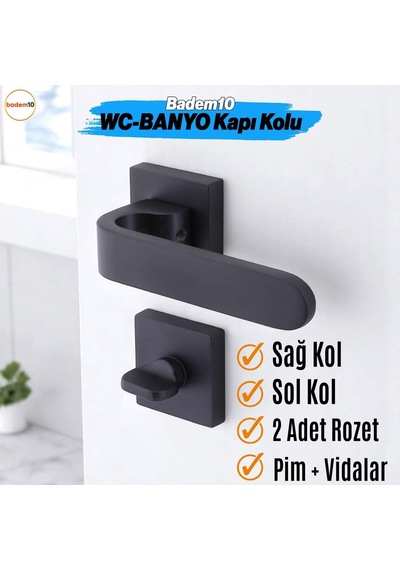 Ay Wc - Banyo Siyah Kapı Kolu Kare Rozetli Ev Kapı Kolları Sağa Sola Uygun Kilitlenebilir 1 Takım Genel