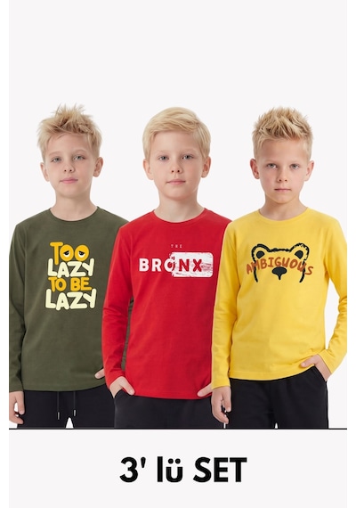 Panios Kids 3'lü Yuvarlak Yakalı Baskı Detaylı Uzun Kollu Basic 3 Parça Erkek Çocuk Tişört Haki - Siyah - Kırmızı