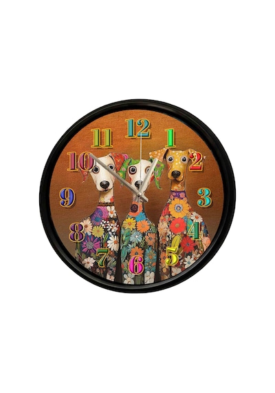 Çiçek Desenli Sevimli Köpekler Temalı Duvar Saati 28 Cm Sessiz Mekanizma Modern Dekor Çok Renkli