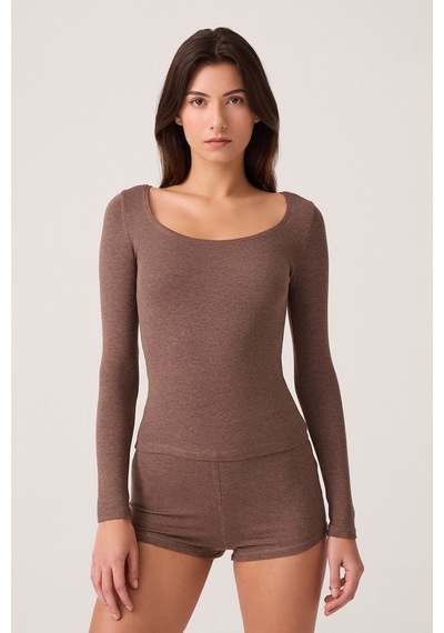 Los Ojos X Ece Kahverengi Modal Kumaşlı Uzun Kollu Şortlu Pijama Takımı Ribbed Pj Kahverengi Kahverengi