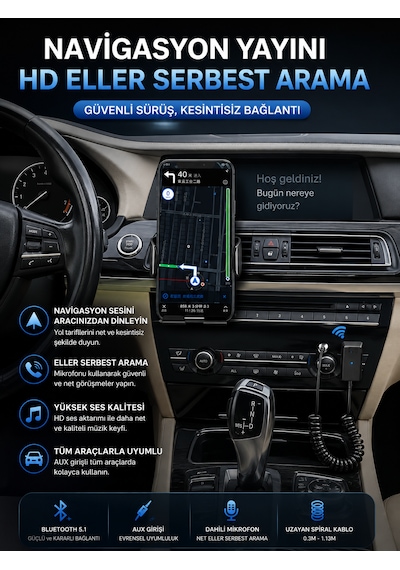 5.1 Aux Araç Kiti Bluetooth Çevirici Adaptör 3.5mm Jack Tak Çalıştır Kablosuz Müzik Alıcı 10m