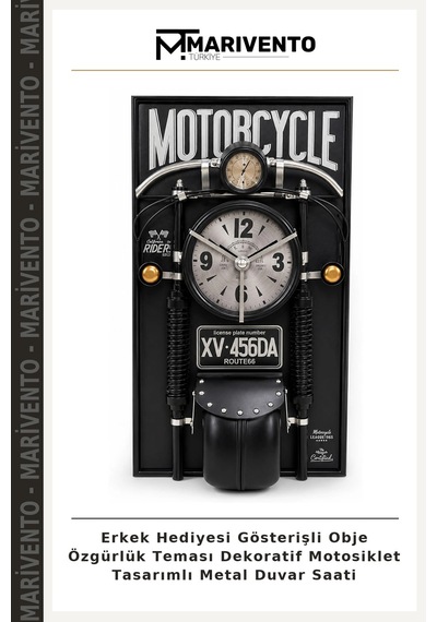 Erkek Hediyesi Gösterişli Obje Özgürlük Teması Dekoratif Motosiklet Tasarımlı Metal Duvar Saati Siyah