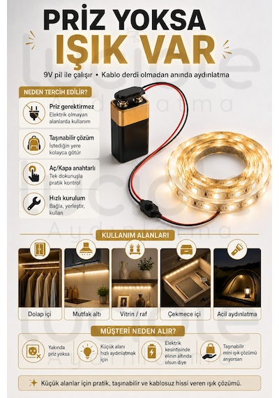 2 Metre Günışığı 9v Pilli Anahtarlı Şerit Led Set Pil Dahil Prizsiz Yapışkanlı Raf Dolap Işığı