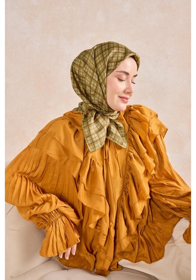 Silk Home Twill İpek Eşarp Ekose Yeşil Bej Çok Renkli