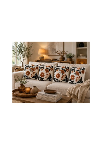 Bohem Çiçek Desenli Punch Görünümlü Kiremit Siyah 4'lü Set Dekoratif Kırlent Kılıfı 43x43 Cm - Dijital Baskılı Yastık Kılıfı Krem Krem Bohem Çiçek Desenli Punch Görünümlü Kiremit Siyah 4'lü Set Dekoratif Kırlent Kılıfı 43x43 Cm - Dijital Baskılı Yastık Kılıfı Krem Krem