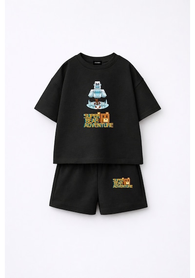 Fasardi Super Bear Adventure Süper Ayı Baskılı Oversize %100 Pamuk Kısa Kollu Unisex Çocuk T-shirt Siyah