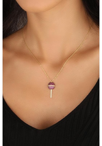Pembe Taşlı Lolipop Şeker Gümüş Kolyesi Rose Gold