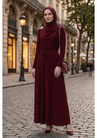 Bestenur Şal Bağlamalı Elbise 1691 - Bordo Bordo