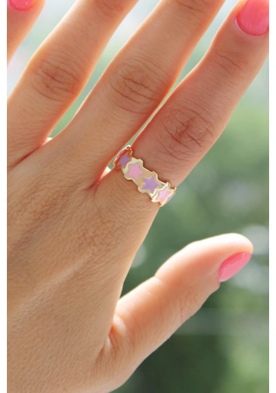 Niki Aksesuar Pembe Lila Mineli Sıralı Yıldız Ayarlanabilir Yüzük Pembe