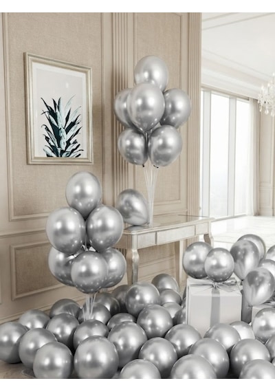 Mucit Home 10 Adet Gümüş Krom Balon Seti 12 İnç Parlak Ve Göz Alıcı Parti Balonları