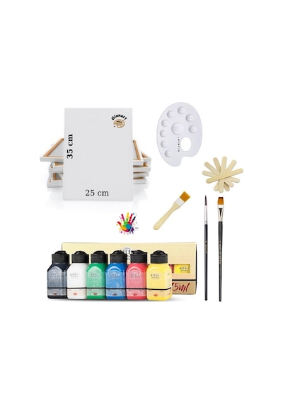 Lüks Akrilik Boya Seti 6x75 Ml Artdeco Lu Set İpek Fırçalı + 25x35 Tuval Sanatsal Set Canlı Renkler