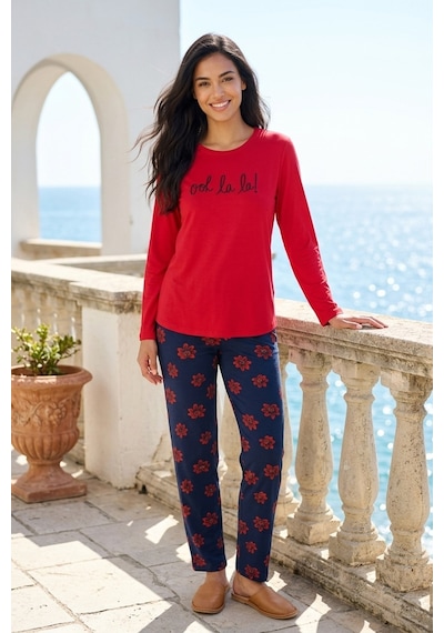Mataş Kadın Desenli Bambu Viskon Uzun Kollu Soft Örme Mevsimlik Yumuşak Pijama Takımı Kırmızı