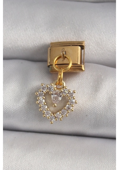 316l Çelik Gold Renk Sallantı Zirkon Taşlı Kalp Model Nomination Charm