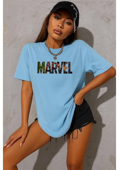 Marvel Baskılı Oversize Beyaz T-shirt Bebe Mavisi