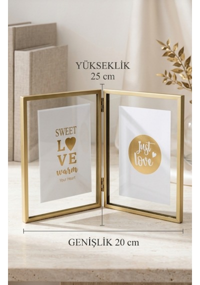 İkili Gold Kenarlı Metal Çerçeve Önü Camlı 25 20 Cm