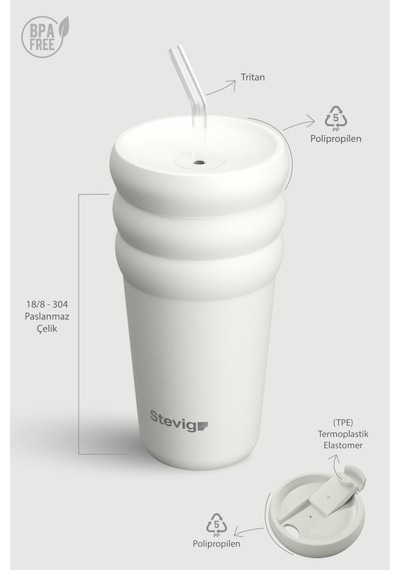 Stevig 3 Bubble Two-cap Straw Tumbler Çelik Termos 600 Ml White Stone St-249 Beyaz
