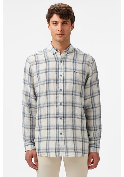 Lacoste Men's Regular Fit Dark Blue Linen Shirt Ekose Keten Erkek Gömlek Koyu Mavi