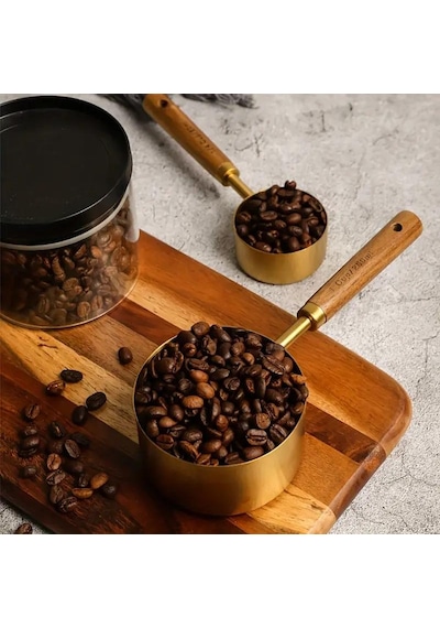 Valkyrie 4 Adet Büyük Boy Paslanmaz Çelik Ahşap Saplı Ölçü Kaşığı Seti Ölçü Kabı 60ml 80ml 125ml 250ml Altın