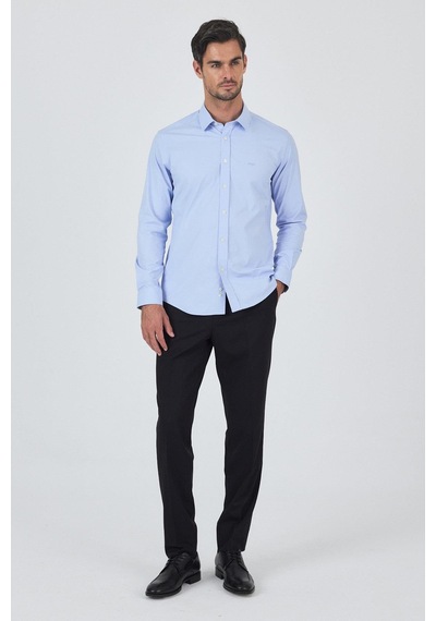 İmza Uzun Kol Düz Bez Ayağı Sert Yaka Cepsiz Pamuklu Classic Slim Fit Gömlek 1004250195 Koyu Mavi