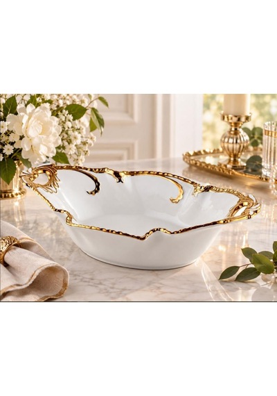 Roykıng Camelıa Altın Kulplu Oval Derin Sunum Tabağı 34x19x7