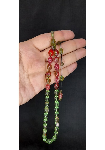 Anemore Collection Ateş Kehribar Tesbih Yeşil Renk Beyzi Kesim T-411