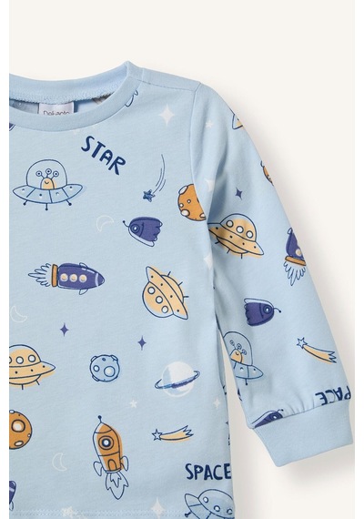 Defacto Baskılı Uzun Kollu Üst Elastik Bel Alt 2li Pijama Takımı Erkek Bebek H6540a526aube343 Mavi-be343