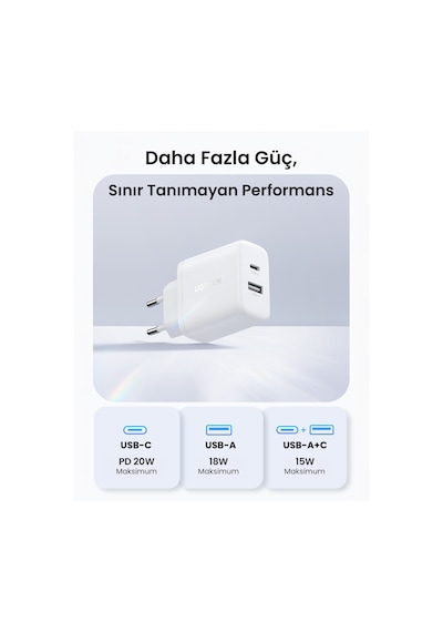 Ugreen 20w 2 Portlu Hızlı Şarj Cihazı, 1xusb-a, 1xusb-c, Beyaz, 45310 -