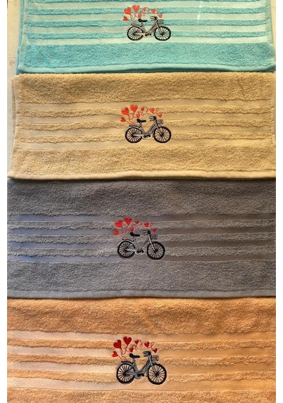 Happy Bicycle 4lü Nakışlı Çeyizlik Havlu Takımı Çok Renkli