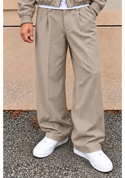 Erkek Oversize Çift Fermuarlı Ceket Ve Baggy Pantolon Alt Üst Takım Bej