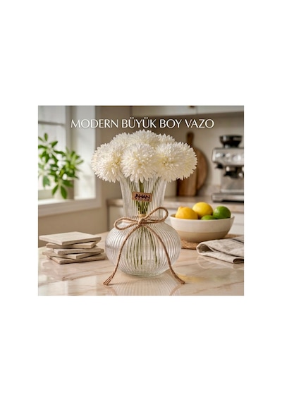 Modern Büyük Boy Rustik Cam Vazo 21 Cm,dekoratif Şeffaf Çizgili Vintage Vazo,salon, Masa, Çiçeklik, Bohem Ev Dekorasyonu Şeffaf