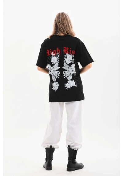 Kadın Kısa Kol Yazlık Tişört Bisiklet Yaka Baskılı Oversize T-shirt - Siyah Siyah