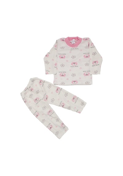Bebegen Kız Çocuk Beyaz Pembe Yıldızlı Ayılı Desenli 2'li Pijama Takımı Çok Renkli
