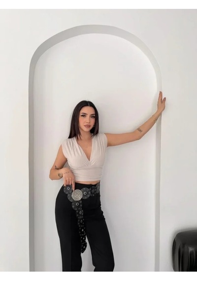 Defymoda Vatkalı Kolsuz V Yaka Drapeli Crop Bluz Likralı Fit - Boyalı Gri