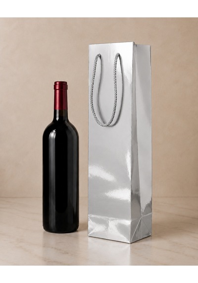 Şişelik İpli Gümüş Karton Poşet, 1 Adet - 12x10x38 Cm, Kalın Yapı