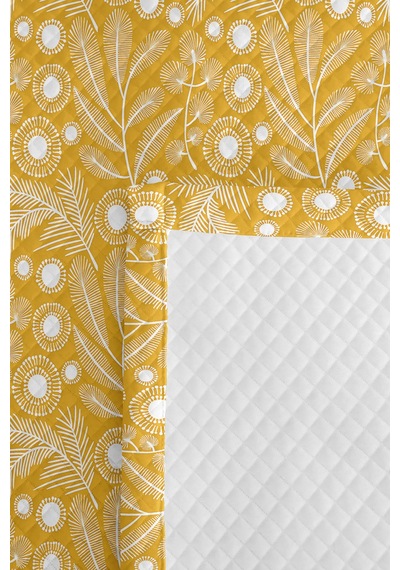 Sarı Çiçekli Botanik Tek Kişilik Pike Takımı - Beyaz Modern Floral 160x220 Cm Kapitone Yatak Örtüsü Mumlu Meşe Yankısı