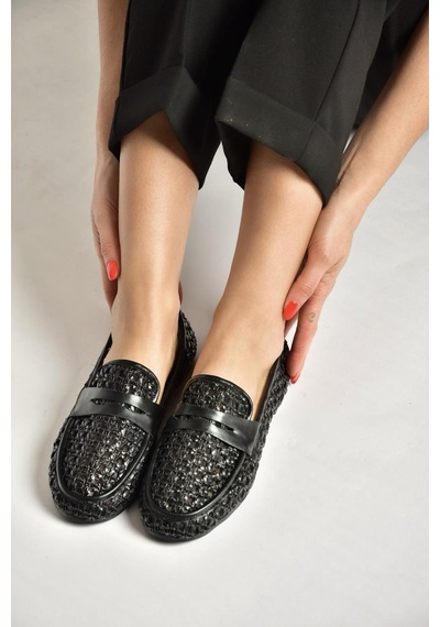 Fox Shoes Y267283309 Siyah File Görünümlü Günlük Kadın Babet Siyah