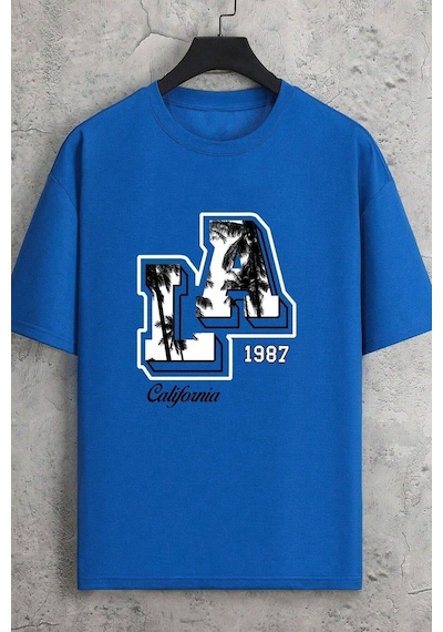 Uyguntarz Erkek La California 1987 Baskılı Oversize Tshirt Mavi