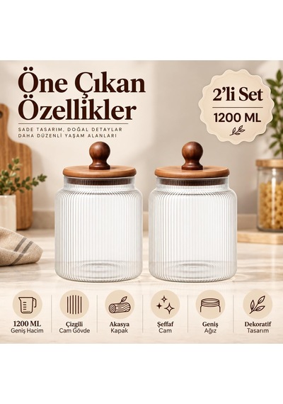 2'li 1200 Ml Akasya Kapaklı Çizgili Cam Kavanoz Saklama Seti Çok Renkli
