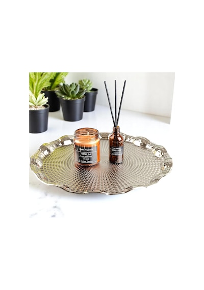 Osmanlı Motifli Yuvarlak Metal Servis Tepsisi 6 Kişilik Sunum Tepsisi, 35 Cm, 495 G, Gold Ve Gümüş Renk Seçeneği Gümüş Grisi Çok Renkli