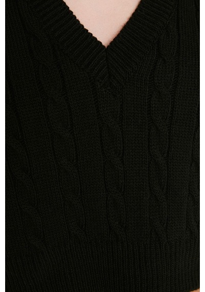 Ersefa Kadın Modern Tarz Rahat Kolsuz V Yaka Saç Örgü Kol Crop Triko Süv Siyah