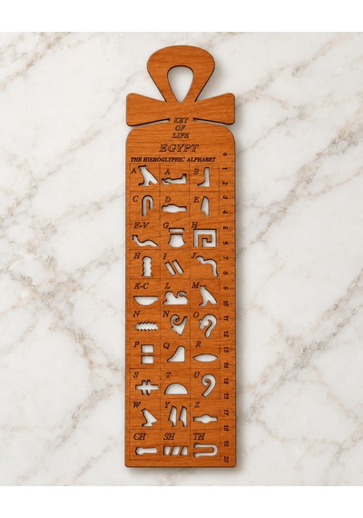 Antik Mısır Hiyeroglif Harf Oymalı Cetvel Kitap Ayracı - Parlak Doğal Ahşap Key Of Life Açık Kahverengi