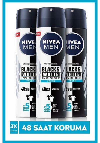 Men Erkek Sprey Deodorant Black&white Invisible Fresh, Ter Ve Ter Kokusuna Karşı 48 Saat Anti-perspirant Koruma 150ml X3 Adet