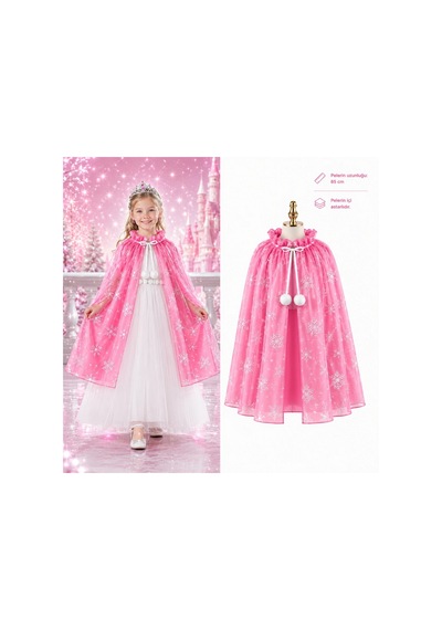 Kar Tanesi Desenli Pembe Elsa Pelerini - Astarlı Frozen Pelerini 85 Cm Diğer