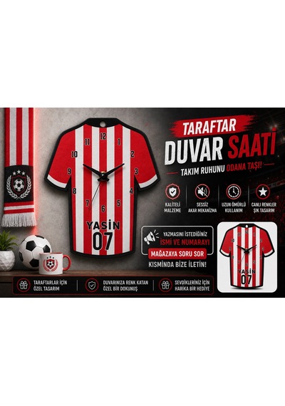 İsimli Taraftar Duvar Saati , Kişiye Özel - Hediyelik İsimli Kırmızı Beyaz Forma Duvar Saati Siyah