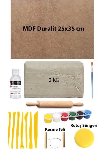 Beyaz Seramik Hamuru 2 Kg Kil 25x35 Duralit Ebeşuar Seti 6x15 Ml Akrilik Set Vernik Ahşap Merdane