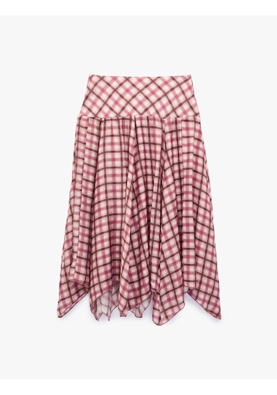 Koton Modal Kumaş Asimetrik Kesim Ekose Kloş Midi Etek Pembe Ekose 6sak70321ew